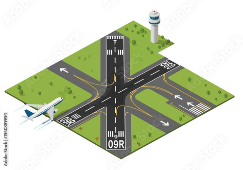 Aerial view of an airport runway with a control tower and an airplane ready for takeoff