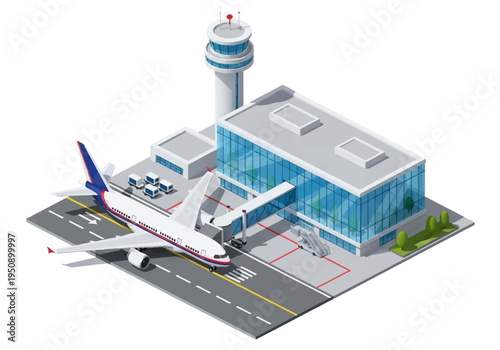 Modern airport terminal with airplane at gate, air traffic control tower, and jet bridge