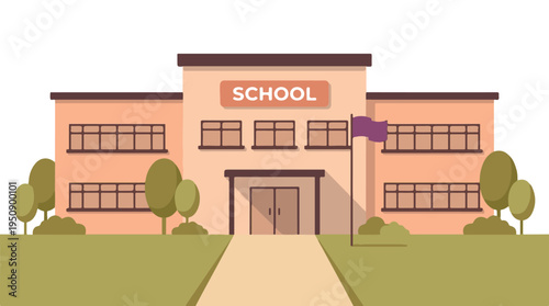 Flat design illustration of a school building exterior with a flag and trees