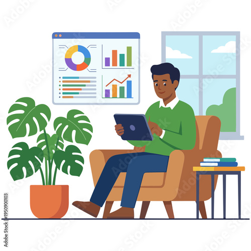 A man sits in a chair working on a laptop next to a plant and books.