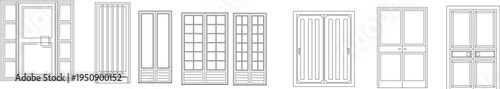 Technical architectural elevation drawing showing various door designs including paneled doors, French doors with glass panes, and doors with sidelights