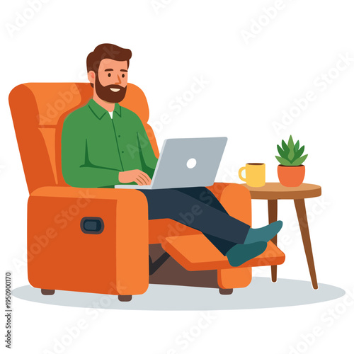 Man sits on orange sofa with laptop on side table indoors