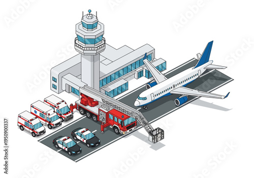 Airport transportation services with emergency vehicles and passenger plane on runway