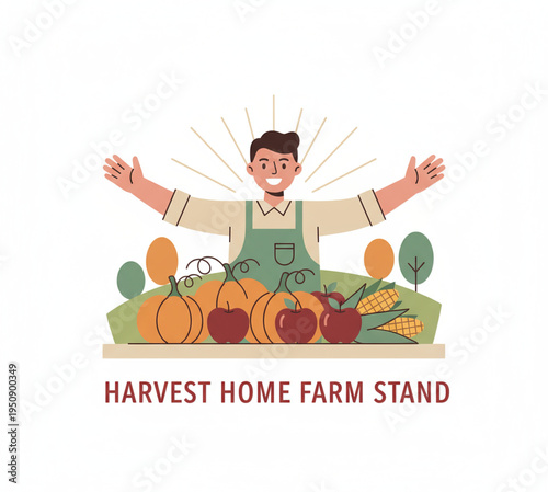 Smiling farmer proudly displays a bountiful harvest of fresh pumpkins, apples, and corn at a vibrant outdoor farm stand, symbolizing local agriculture and healthy produce