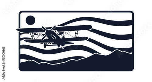 Vector illustration of biplane flying over mountains with sun