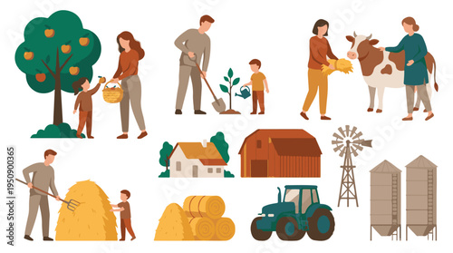 Flat design vector illustration of farming and rural activities, harvest, and farm elements