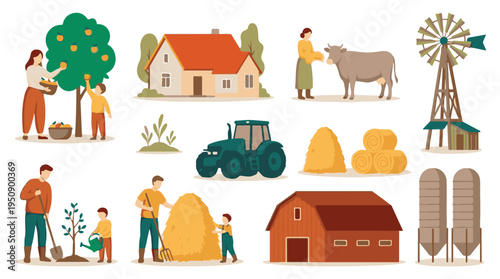 Collection of farming, agriculture, and rural life flat design illustrations