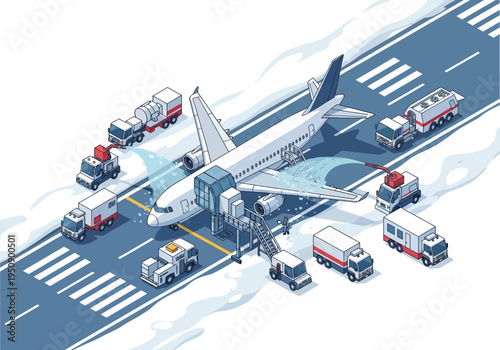 Airport ground services and vehicles servicing an airplane on a runway in winter conditions