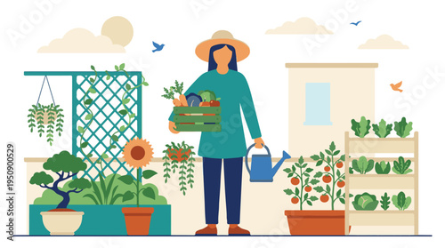 Woman harvesting fresh produce in a vibrant urban rooftop garden
