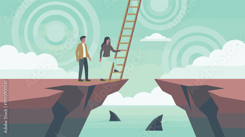 Business challenge solution with man and woman bridging gap over danger