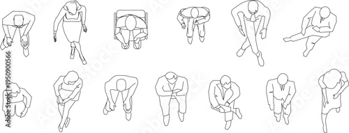 Technical architectural plan view drawing showing human figures in various standing, sitting, and bending poses for scale reference in 2D line art.