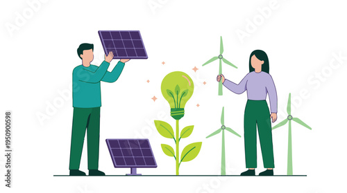 Sustainable Energy Concept with Solar Panels, Wind Turbines, and Green Idea