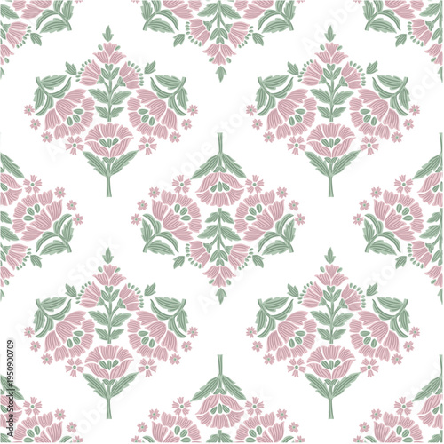 Seamless ogee damask medallion block floral flower repeat vector pattern , Boho floral