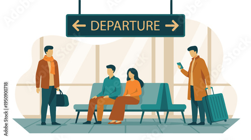 Passengers waiting with luggage at airport departure lounge, flat illustration