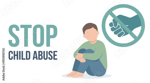 Stop Child Abuse campaign illustration with sad boy and no violence symbol