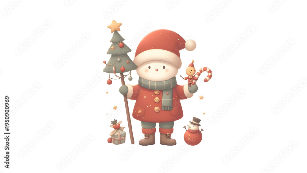 Fototapeta premium Cute Snowman Dressed as Santa Claus Carrying Holiday Greenery and Ornaments Illustration