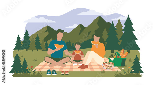 Happy family enjoying summer picnic in nature with mountains and trees