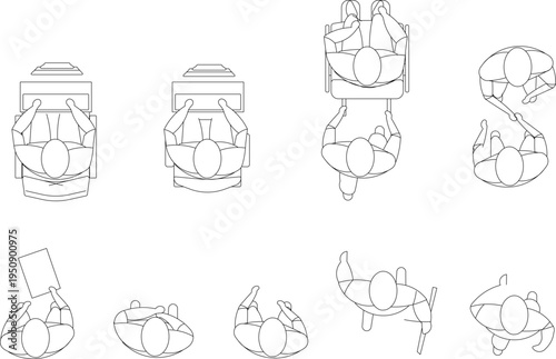 Technical architectural plan view drawing showing human figures in various sitting, working and relaxed poses at desks and lounging for scale reference.