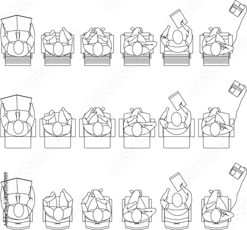 Technical architectural plan view drawing showing human figures in various sitting and reading positions on chairs with overhead perspective for scale reference.