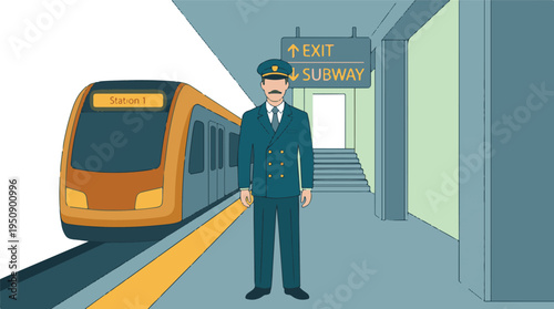 Train conductor standing on a subway station platform next to an arriving train
