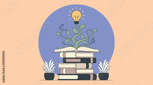 Knowledge and education concept with books, growing plant, and glowing light bulb