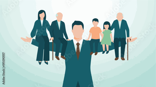 Man supporting multi-generational family, representing responsibility and care