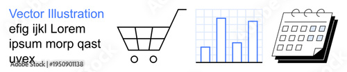 Business management, online shopping, data analysis, scheduling, financial planning, productivity tools. Shopping cart, bar graph calendar icons in black and blue. Online shopping and data analysis