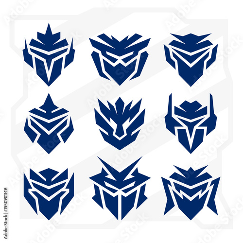 Set of stylized robotic heads with different shapes and mechanical components for sci-fi and technology design projects.