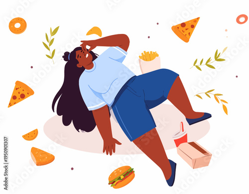 Woman Lying Down Surrounded by Fast Food.