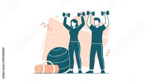 Man and woman doing dumbbell exercises at the gym, fitness illustration