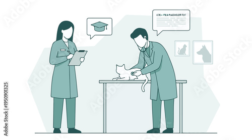 Veterinarians examining a cat in a modern veterinary clinic setting