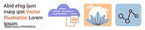 Cloud storage, wellness , nature design, network diagram, data sharing, digital organization. Cloud with mobile device, lotus icon and connected dots diagram. Cloud storage and wellness themes