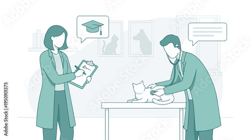 Veterinarians examining a cat in a clinic setting