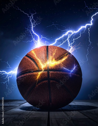 A basketball with lightning striking it on a court