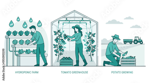 Modern agricultural methods: hydroponic farming, tomato greenhouse, and potato field