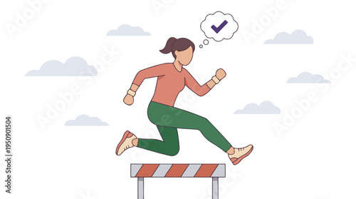 Woman athlete jumping over hurdle, concept of success and overcoming challenges