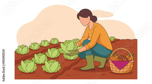 Woman harvesting fresh organic cabbage in a garden with a basket of vegetables