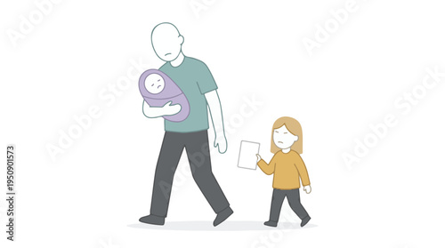 Tired father carrying baby with unhappy child holding paper, family stress