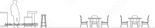Technical interior design elevation view showing furniture layouts with counter seating, dining tables with chairs, and human figure for scale reference.