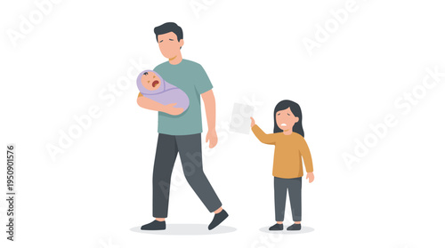 Overwhelmed father carrying crying baby while sad daughter stands nearby