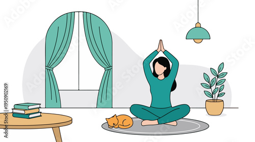 Calm woman meditating in a minimalist home interior with a sleeping cat