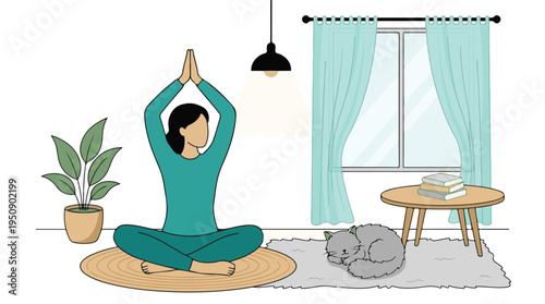 Woman practicing yoga and meditation at home with a pet cat and plant