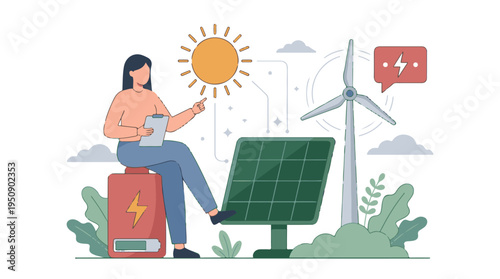 Sustainable Energy: Woman Managing Solar Panels, Wind Turbine & Battery
