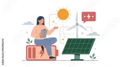Green energy concept with woman, solar panels, wind turbine and battery