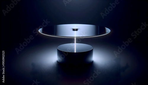 A thin, mirror-polished chrome disc mockup levitating silently above a black magnetic base in a completely dark room, Ai generated image