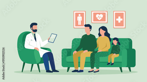 Doctor consulting family in clinic, discussing health and medical support