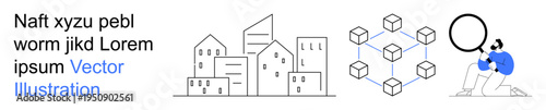 Blockchain, data security, urban planning, network analysis, decentralized systems, research and innovation. Modern cityscape with blockchain network and person examining data. Blockchain and data