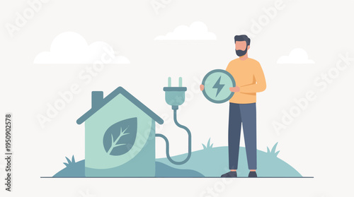 Green energy concept for home with man holding power symbol and electric plug
