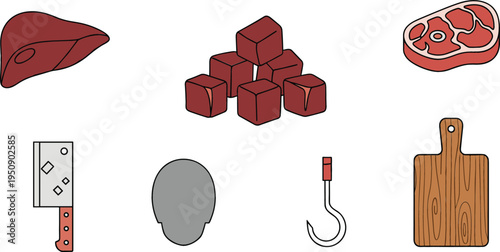 Meat Butcher Icon Set with Beef Cuts, Raw Meat Cubes, Cleaver Knife, Meat Hook and Wooden Cutting Board Vector Illustration
