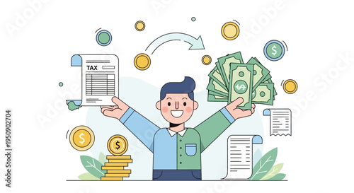Tax Refund Success Concept with Money Cash Coins and Documents Illustration